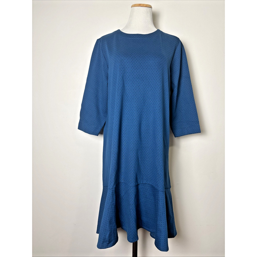 J. Jill Polka Dot Ponte Knit Ruffle Hem Dress XL Petite Blue Casual Career Party